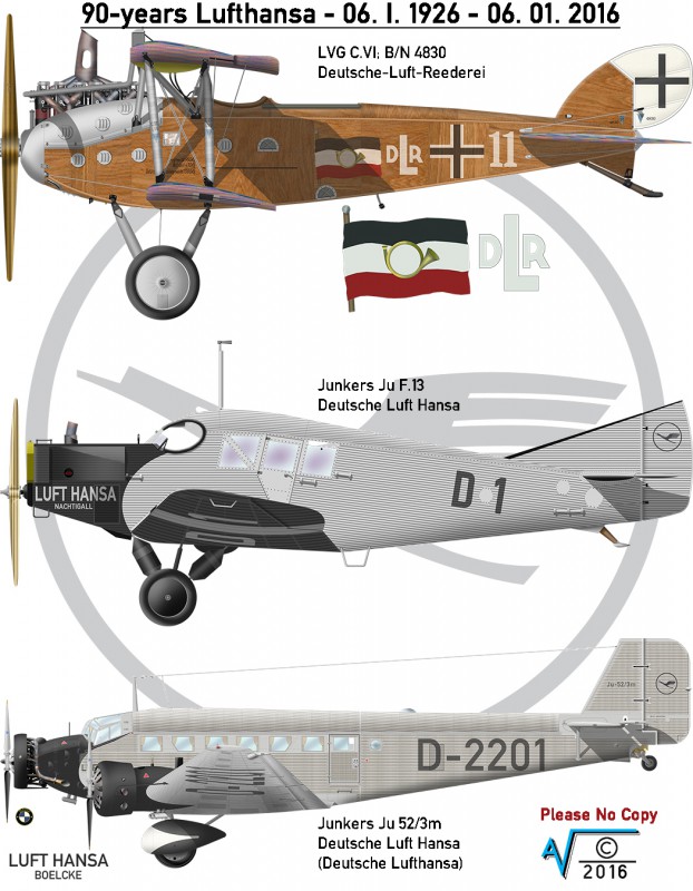 90 years Lufthansa 06 Jan 1926 LVG CVI JuF13 Ju52 3m MilNet v1 (1050px).jpg