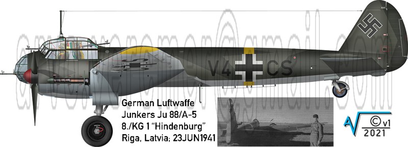 Junkers Ju 88 A5  early long wing V4+CS 8.KG1 WN888260 1941 v1 MilNet (1050px).jpg